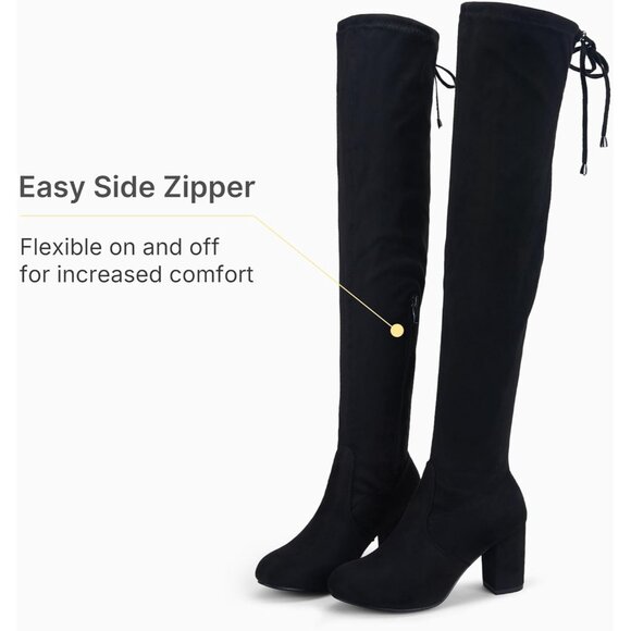 Women's Black Suede Chunky Heels Zipper Over The Knee High Adjustable Boots - Picture 4 of 9